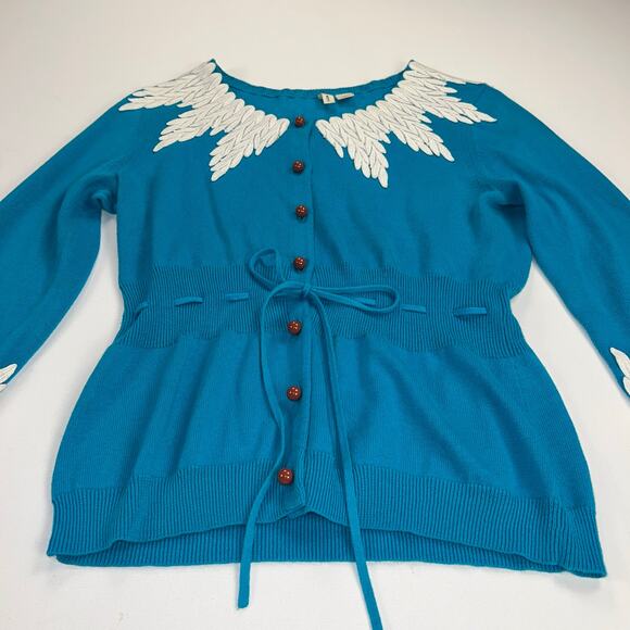 Anthropologie MOTH Wisteria Cardigan Sweater Teal Blue White Lace Trim Size M - Picture 11 of 11
